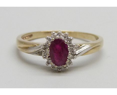 A 9ct gold, ruby and diamond ring, 2.6g, S 