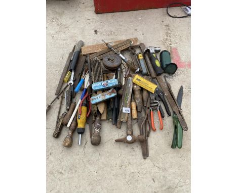 AN ASSORTMENT OF HAND TOOLS TO INCLUDE PLIERS, HAMMERS AND WIRE BRUSHES ETC 
