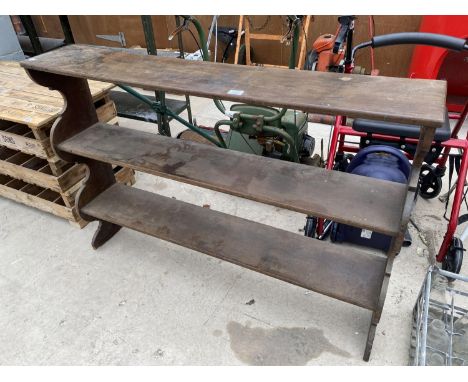 A VINTAGE WOODEN THREE TIER OPEN SHELVING UNIT 