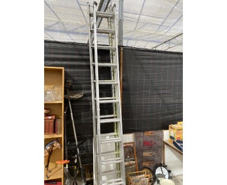 A PAIR OF TWO SECTION ALUMINIUM EXTENDING STEP LADDERS 