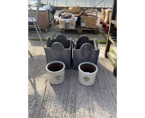 TWO VINTAGE CAST LEAD PLANTERS AND TWO FURTHER CERAMIC PLANT POTS 
