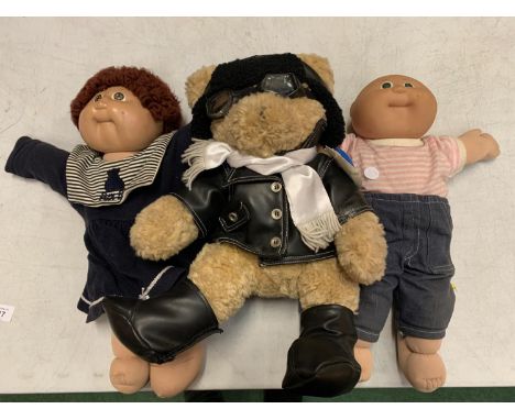 TWO ORIGINAL VINTAGE CABBAGE PATCH DOLLS AND A PILOT TEDDY BEAR 