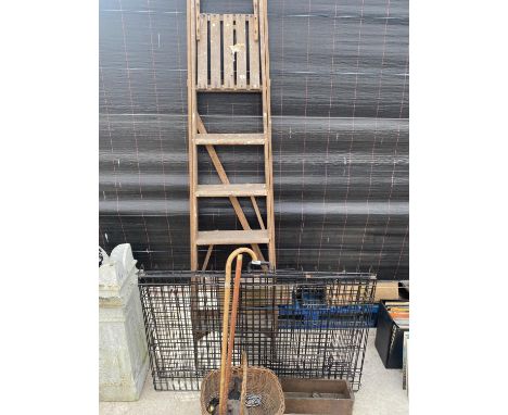 A LARGE METAL PET CAGE, A FIVE RUNG WOODEN STEP LADDER AND TWO WALKING STICKS ETC 