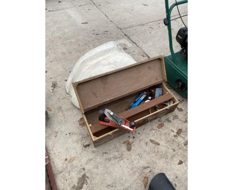 A WOODEN JOINERS CHEST, A WOOD PLANE AND A WHEEL ARCH ETC 