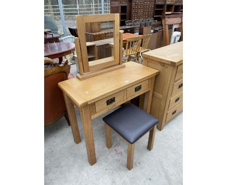 A LIGHT OAK DRESSING TABLE WITH TWO DRAWERS, 39" WIDE TOGETHER WITH A STOOL 