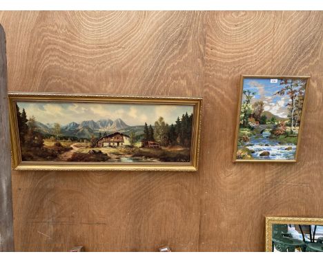 A GILT FRAMED OIL ON BOARD SIGNED BOTTOM RIGHT 'K.PETRY' AND A FURTHER FRAMED TAPESTRY 