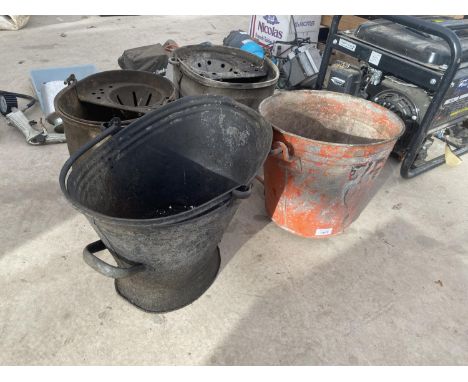 A VINTAGE FIRE BUCKET, A COAL BUCKET AND TWO GALVANISED MOP BUCKETS 