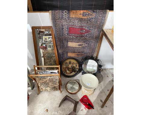 AN ASSORTMENT OF ITEMS TO INCLUDE A RUG, TWO MIRRORS AND SCALES ETC 