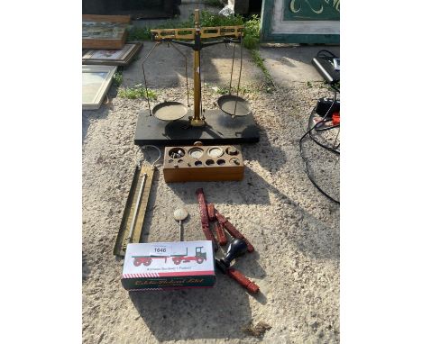 A SET OF BRASS SCALES AND WEIGHTS TO ALSO INCLUDE A DIE CAST TOY ETC 