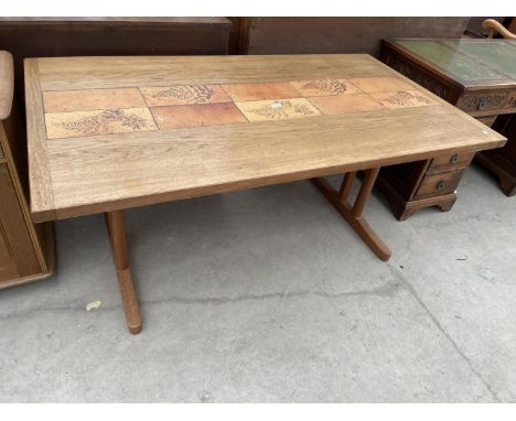 A RETRO TEAK DINING TABLE WITH INSET TILE TOP, STAMPED AM, MADE IN DENMARK (A.MOBLER) 