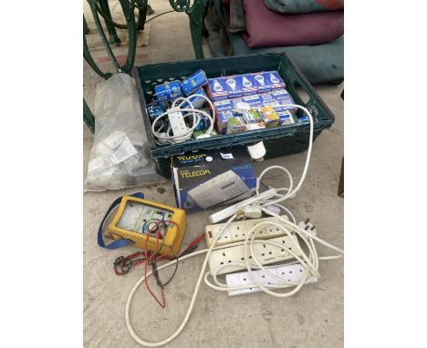 AN ASSORTMENT OF ITEMS TO INCLUDE EXTENSION LEADS AND LIGHT BULBS ETC 