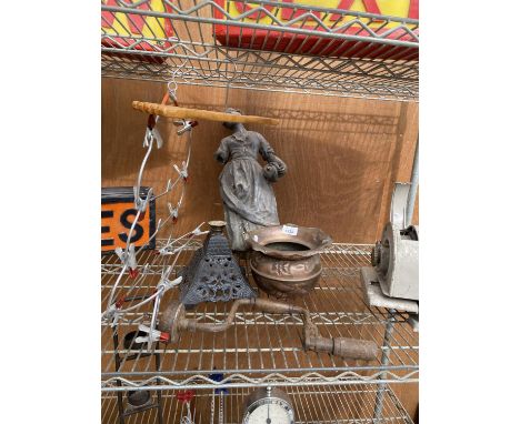 AN ASSORTMENT OF ITEMS TO INCLUDE A COPPER PLANTER, A BRACE DRILL AND A FIGURE ETC 