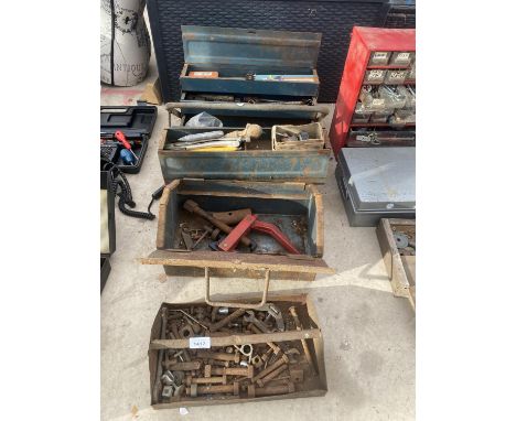 TWO METAL TOOL BOXES AND AN ASSORTMENT OF TOOLS AND HARDWARE ITEMS ETC 