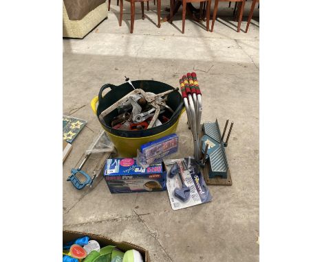 AN ASSORTMENT OF ITEMS TO INCLUDE HAND TOOLS, A ROTO PRO AND A MITRE SAW ETC 