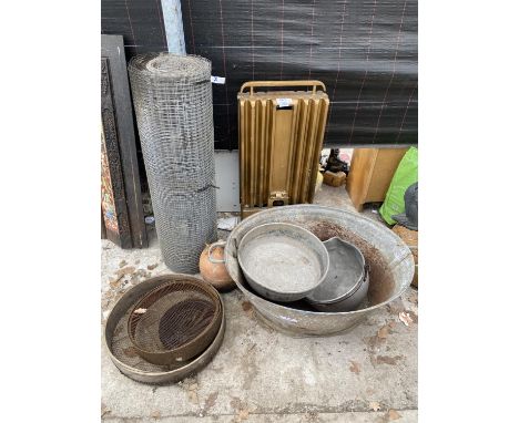AN ASSORTMENT OF VINTAGE ITEMS TO INCLUDE, A GALVANISED BATH, A JAM PAN AND A HEATER ETC 