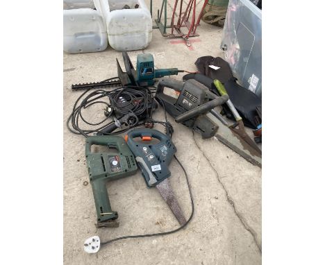 A LARGE QUANTITY OF POWER TOOLS TO INCLUDE A HEDGE CUTTER, A JIGSAW ETC 