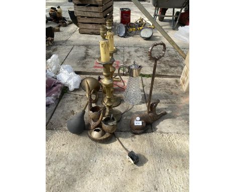 VARIOUS VINTAGE ITEMS - A CAST GREYHOUND DOOR STOP, CAR HORN, CLARET JUG, TWO TABLE LAMPS ETC 