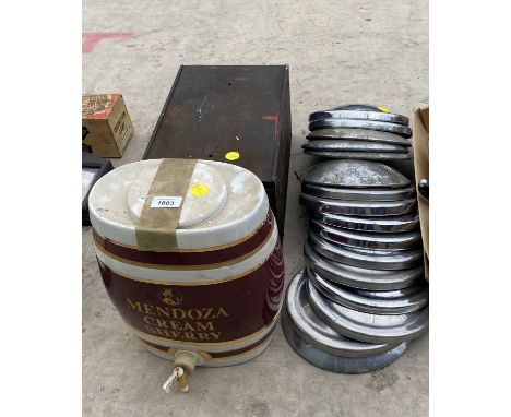 A CERAMIC MENDOZA SHERRY BARREL, VARIOUS VINTAGE HUB CAPS INCLUDING MORRIS MINOR AND A VINTAGE DEED BOX 