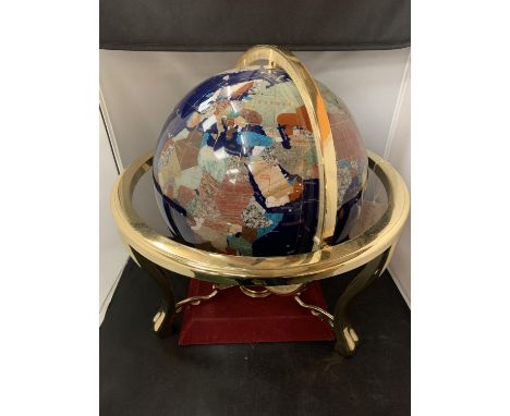 A LAPIZ LAZULI AGATE GEMSTONE HANDCRAFTED LARGE GLOBE INCORPORATING A COMPASS H:46CM 