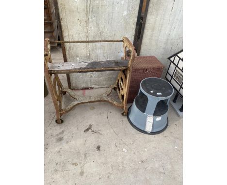 A STEP UP, A LAUNDRY BASKET AND A CAST IRON MANGLE BASE 