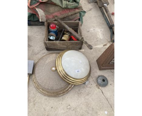 AN ASSORTMENT OF ITEMS TO INCLUDE A 'JAMES HEYES &amp; CO' CRATE A VINTAGE BLOW TORCH AND TWO DECORATIVE LIGHT FITTINGS ETC 