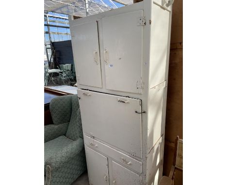 A MID 20TH CENTURY WHITE PAINTED KITCHEN CABINET WITH A DROP DOWN ENAMEL WORK SURFACE 