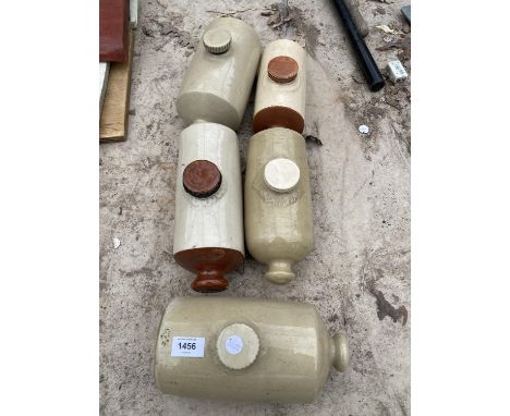 A GROUP OF FIVE VINTAGE STONE WARE BED WARMERS 