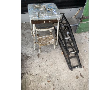 A VINTAGE KITCHEN STOOL AND A PAIR OF CAR RAMPS 