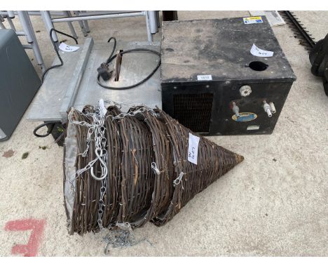 AN ELECTRIC TILE CUTTER, A COOLING SYSTEM AND 6 WICKER HANGING BASKETS 