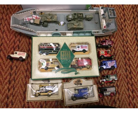 A COLLECTION OF DIE CAST VEHICLES TO INCLUDE BOXED DAYS GONE M&amp;S COLLECTION, ARMY SHIP WITH VEHICLES AND SOLDIERS ETC 