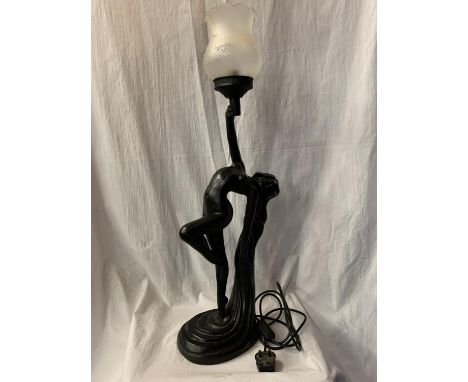 A SPELTER TABLE LAMP IN THE FORM OF A NUDE H:WITH GLASS SHADE 79CM (REPAIR TO HAND) 