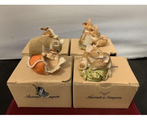 FOUR SHERATT AND SIMPSON CERAMIC FIGURINES DEPICTING MICE WITH BOXES (NOT GUARANTEED MATCHING) 