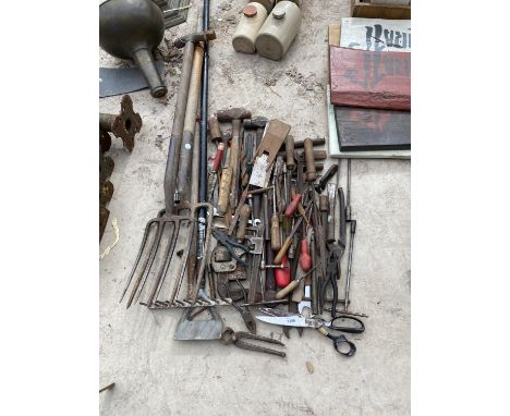 AN ASSORTMENT OF VINTAGE HAND AND GARDEN TOOLS TO INCLUDE FORKS, PLIERS, HAMMERS ETC 