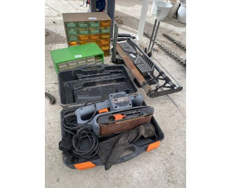 AN ASSORTMENT OF ITEMS TO INCLUDE A BELT SANDER, A MITRE SAW AND HARDWARE STORAGE CHESTS 