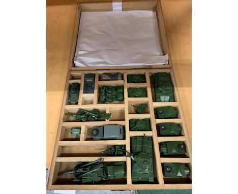 A COLLECTION OF MAINLY DINKY DIE CAST ARMY VEHICLES IN A WOODEN CASE 