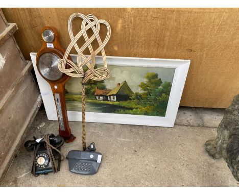 AN ASSORTMENT OF ITEMS TO INCLUDE A BAKELITE TELEPHONE, A BAROMETER AND A WICKER FAN ETC 