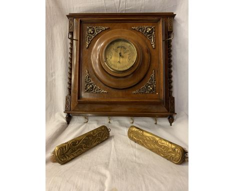 A VINTAGE WALL BAROMETER COMPLETE WITH CLOTHES BRUSHES 