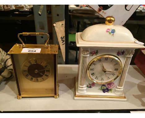 A CANTERBURY CARRIAGE CLOCK AND CERAMIC QUARTZ MANTEL CLOCK WITH FLORAL DECORATION 