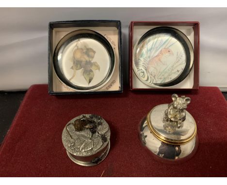 TWO BOXED MOUSE PAPERWEIGHTS AND TWO METAL TRINKET BOXES 