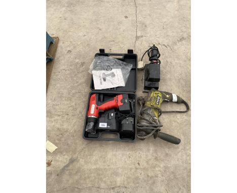 AN ASSORTMENT OF POWER TOOLS TO INCLUDE A RYOBI DRILL, A SANDER ETC 