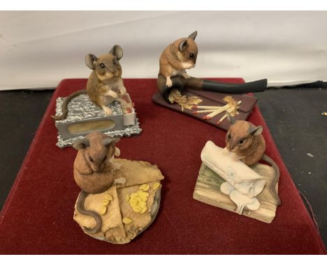 FOUR TEVIOTDALE MOUSE FIGURINES TO INCLUDE MATCHES, PIPE, CANDLE ETC 