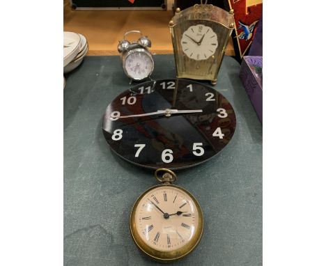 FOUR VARIOUS CLOCKS ONE BEING A VINTAGE KOMA GERMAN MANTEL CLOCK 