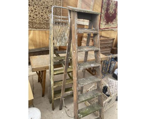 THREE VINTAGE WOODEN STEP LADDERS 