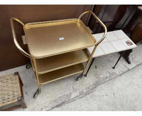 A MID 20TH CENTURY METALWARE TEA TROLLEY AND TILE TOP TABLE 