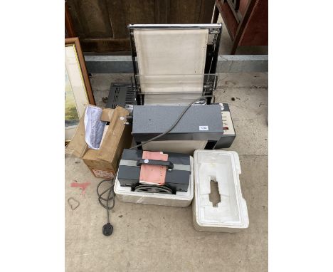 AN ASSORTMENT OF VINTAGE FILM EQUIPMENT TO INCLUDE A FILM REEL PROJECTOR, A DURST EPU 1200 ETC 
