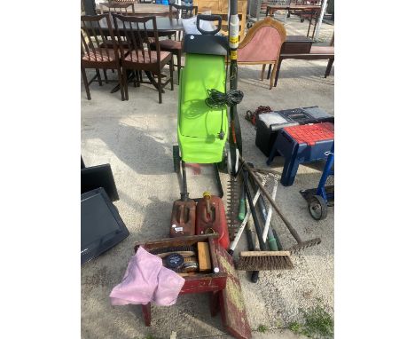 VARIOUS GARDEN TOOLS, SHOE SHINING SET, TWO FUEL CANS ETC 