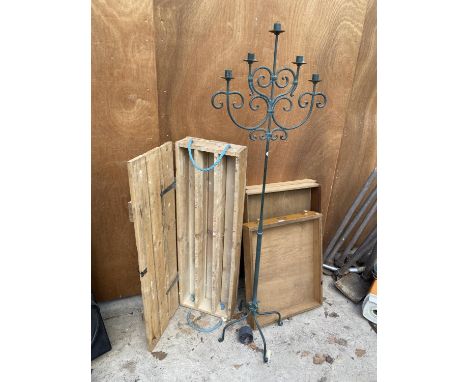 AN ASSORTMENT OF ITEMS TO INCLUDE THREE WOODEN DRAWERS, A TALL CANDLESTICK AND A WOODEN CRATE 