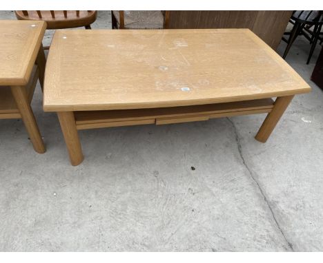 A LIGHT OAK TWO TIER COFFEE TABLE BY SKOVBY WITH PULL-OUT SLIDE AND SMALL SECRET TYPE DRAWER, 52x30" 