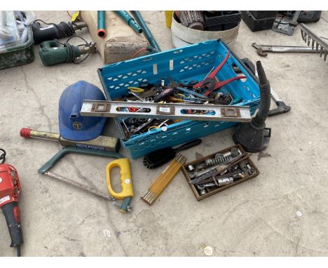 AN ASSORTMENT OF HAND TOOLS TO INCLUDE PLIERS, SPANNERS AND FUNNEL ETC 