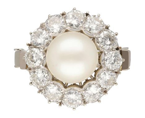 Perlen-Brillant-RingCocktail-Ring in Weissgold 18K im Zentrum eine Süsswasser-Zuchtperle mit einem Durchmesser von 9,5 mm cre
